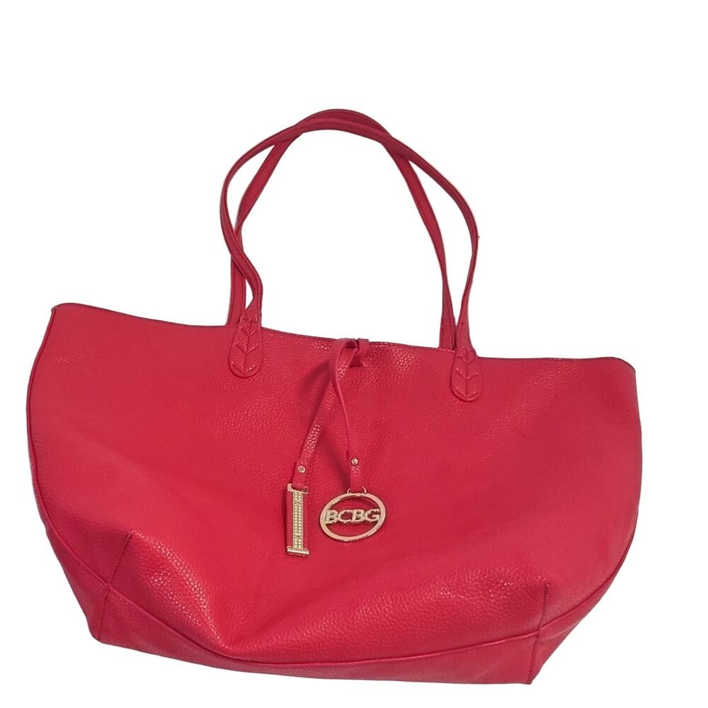 BCBG Red Tote Large Faux Leather Shoulder Bag Gold Accents